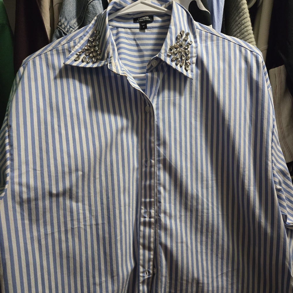 Express Blue and White Striped Shirt with Embellished Collar